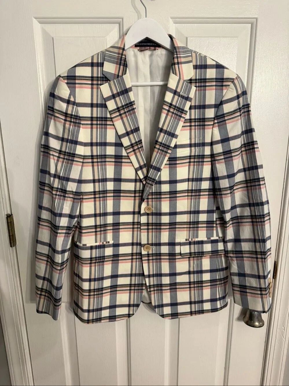Tommy Hilfiger White Blue Pink Plaid Blazer sz L EUC